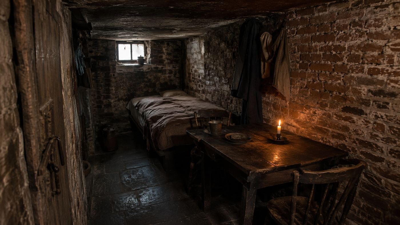 A cramped Georgian London basement room like those flooded in the London Beer Flood