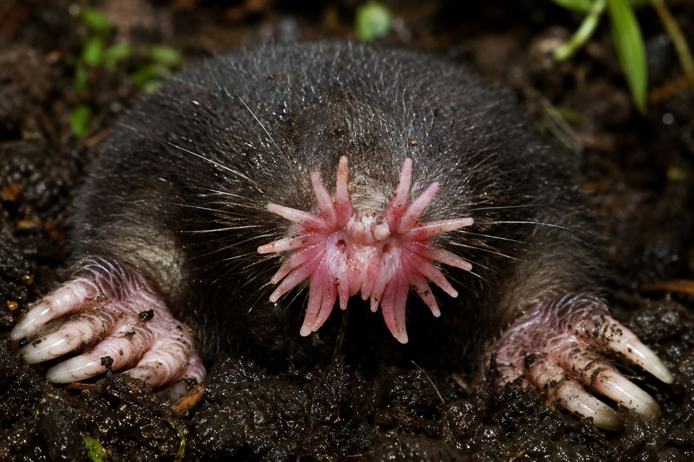 A close-up of a star-nosed mole showing the ring of twenty-two pink fleshy appendages around its nose, dark fur and tiny eyes