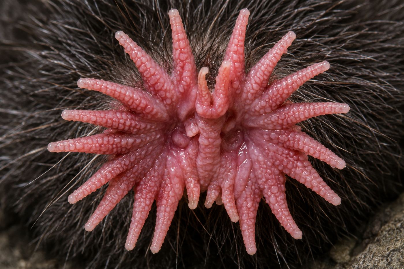 Extreme macro close-up of the star-nosed mole's pink star, showing the twenty-two rays covered in tiny sensory domes