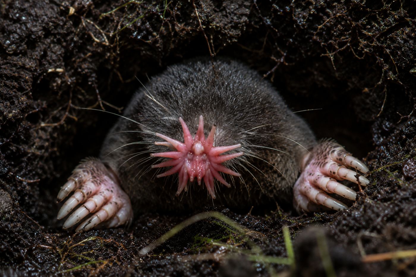 A star-nosed mole emerging from a muddy tunnel in dark wet soil, its star reaching forward to feel the way