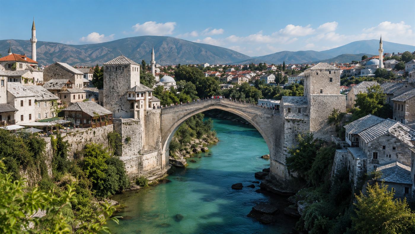 Stari Most, the arched stone Ottoman bridge over the Neretva in Mostar