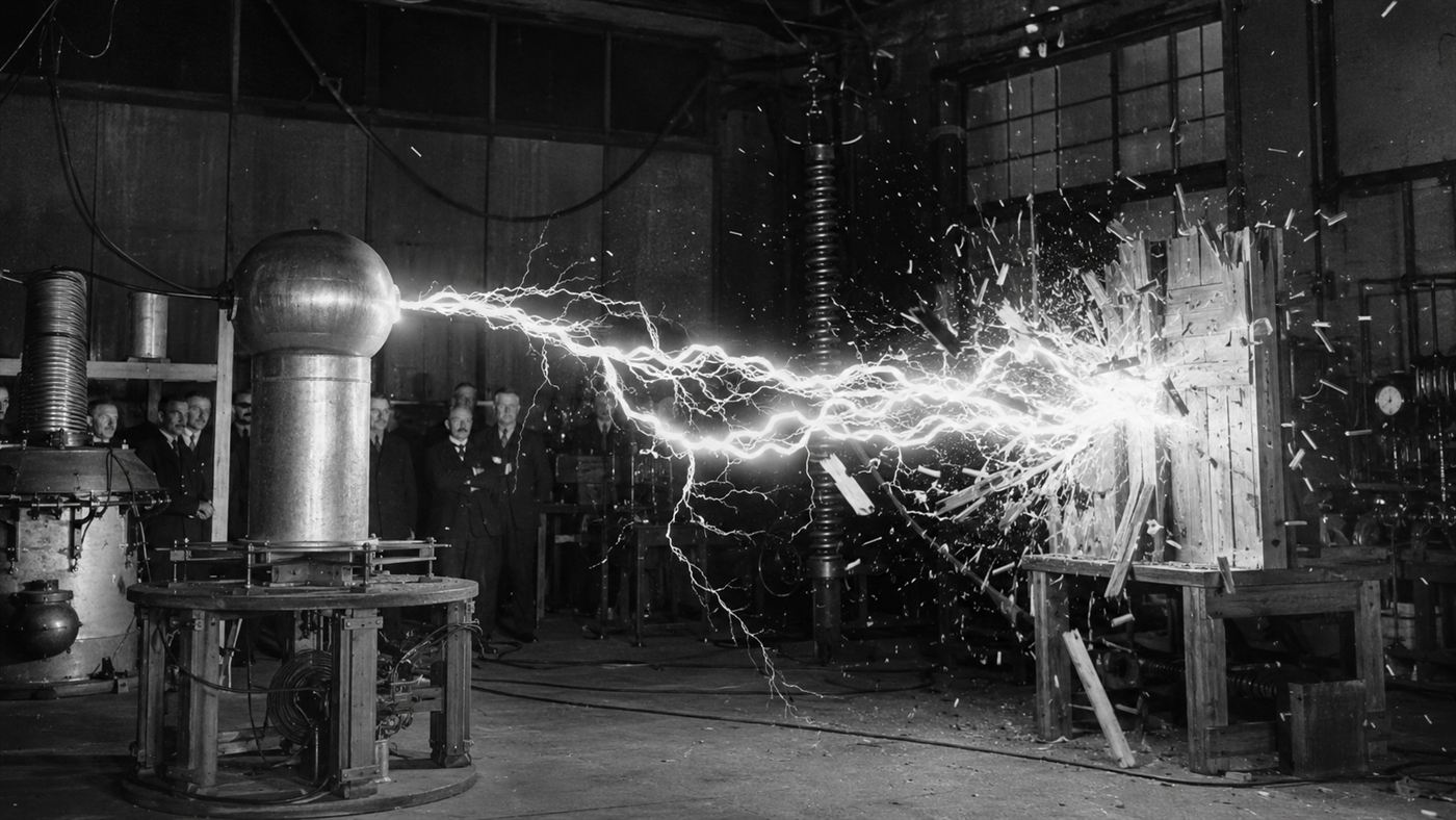 A brilliant man-made lightning bolt arcing across a 1920s laboratory and shattering a wooden block while observers watch