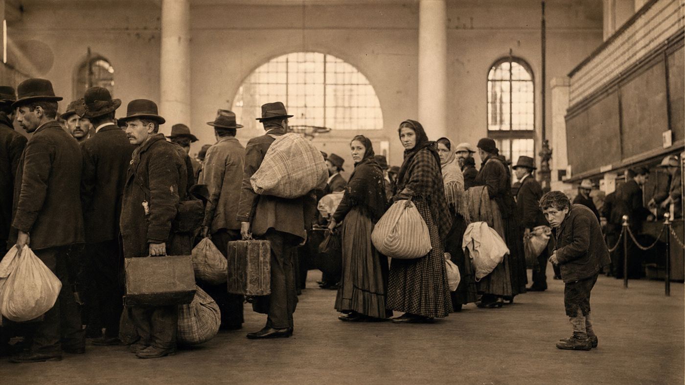 A short hunchbacked young immigrant standing alone among taller crowds in a crowded Ellis Island processing hall around 1888