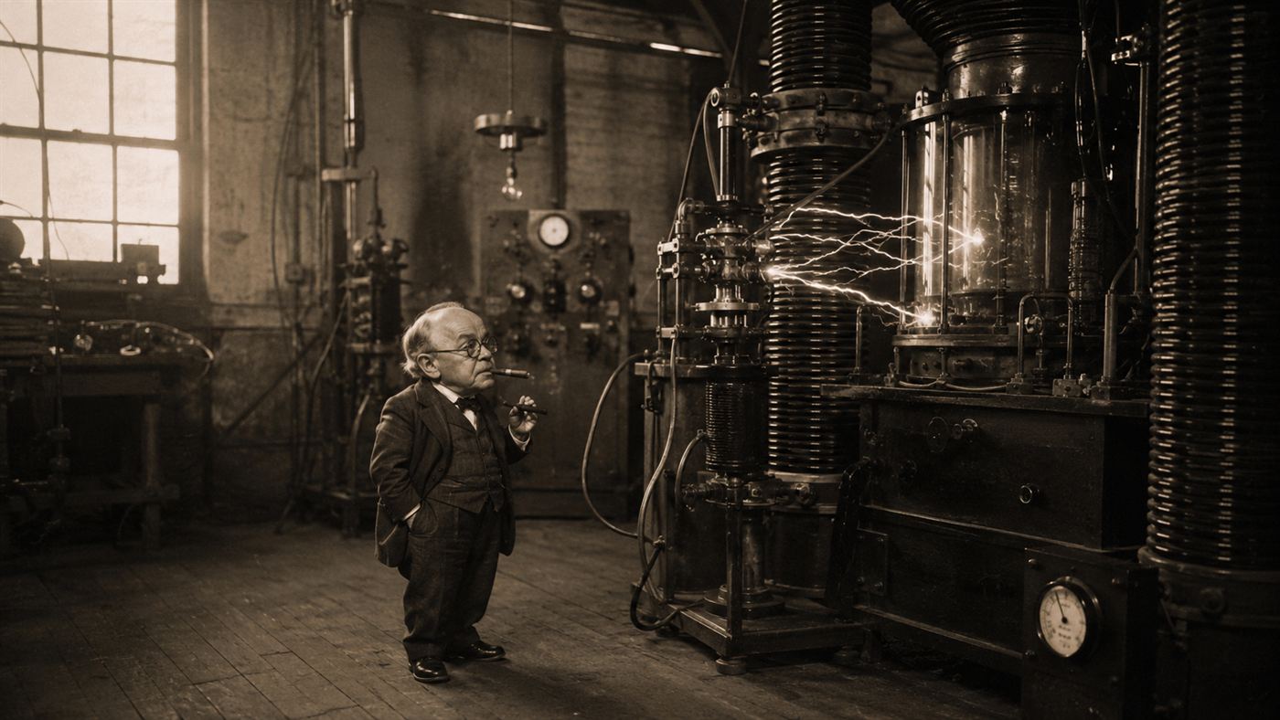 Charles Steinmetz, a short hunchbacked man in spectacles, beside crackling electrical apparatus in a dim laboratory
