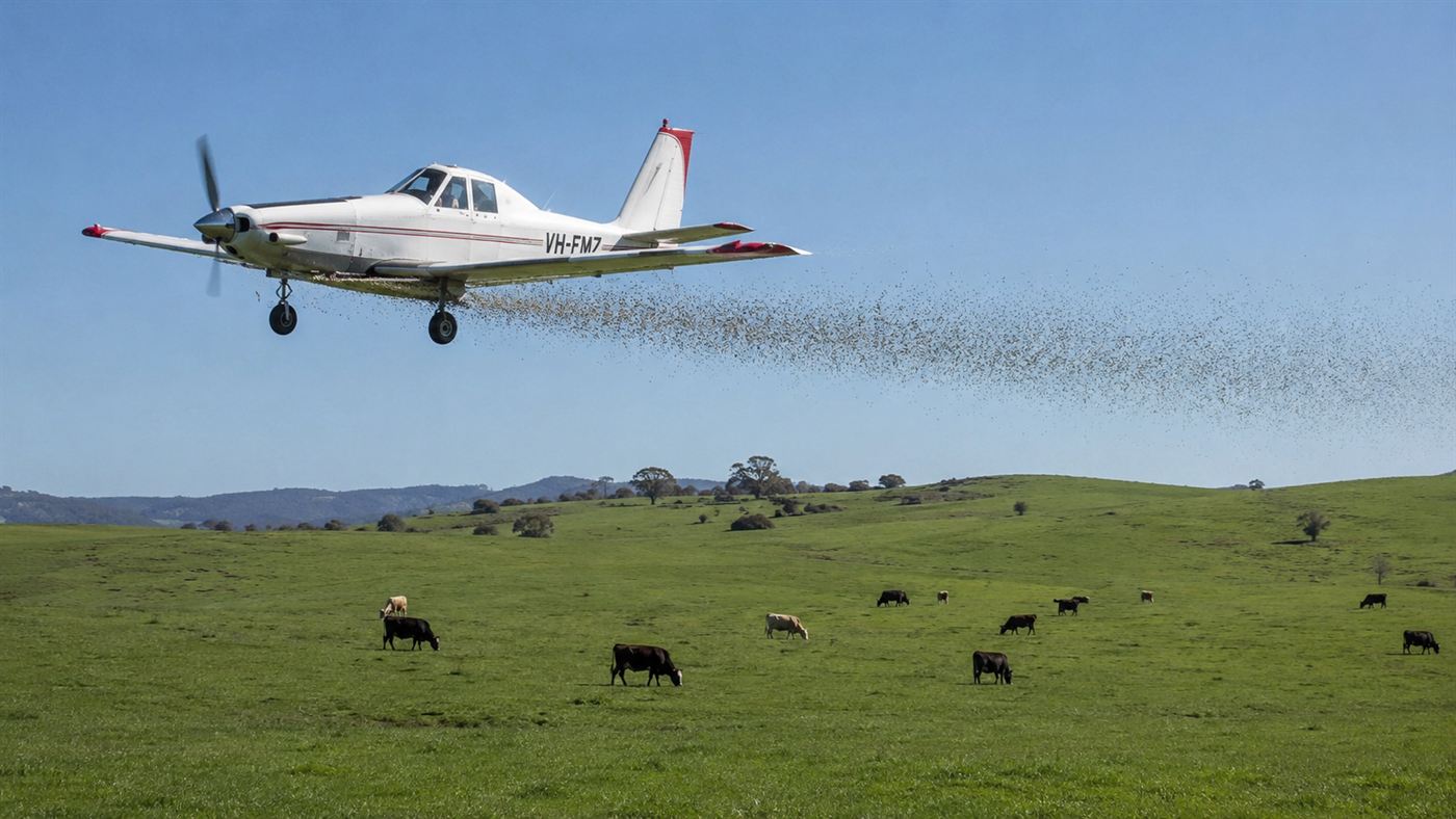 An aircraft releasing sterile flies over pasture as part of screwworm eradication