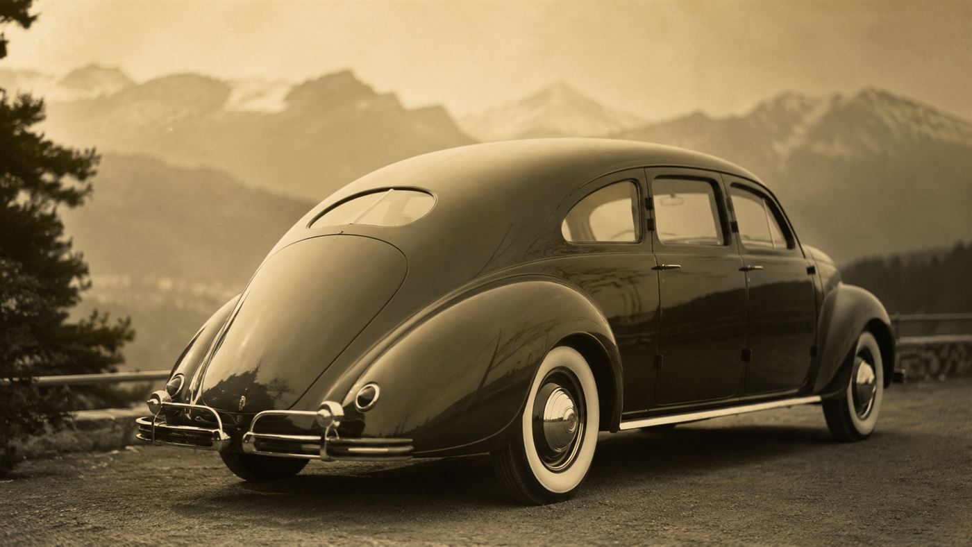 A rear three-quarter view of the 1936 Stout Scarab showing its smooth tapering tail and rounded beetle-like streamlined shape