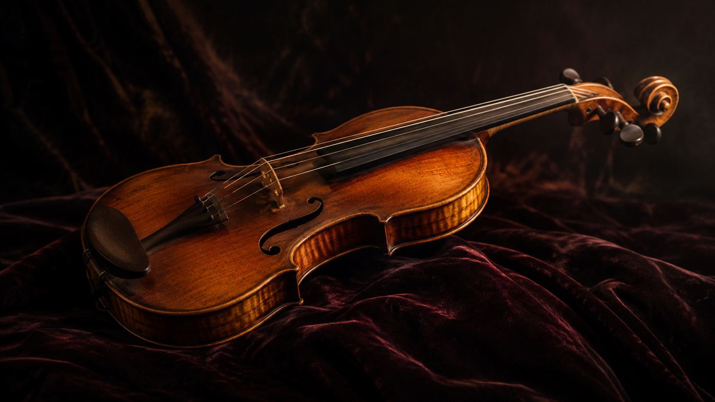 An antique Stradivarius-style violin with glowing amber varnish resting on dark velvet, its curves and f-holes catching the light