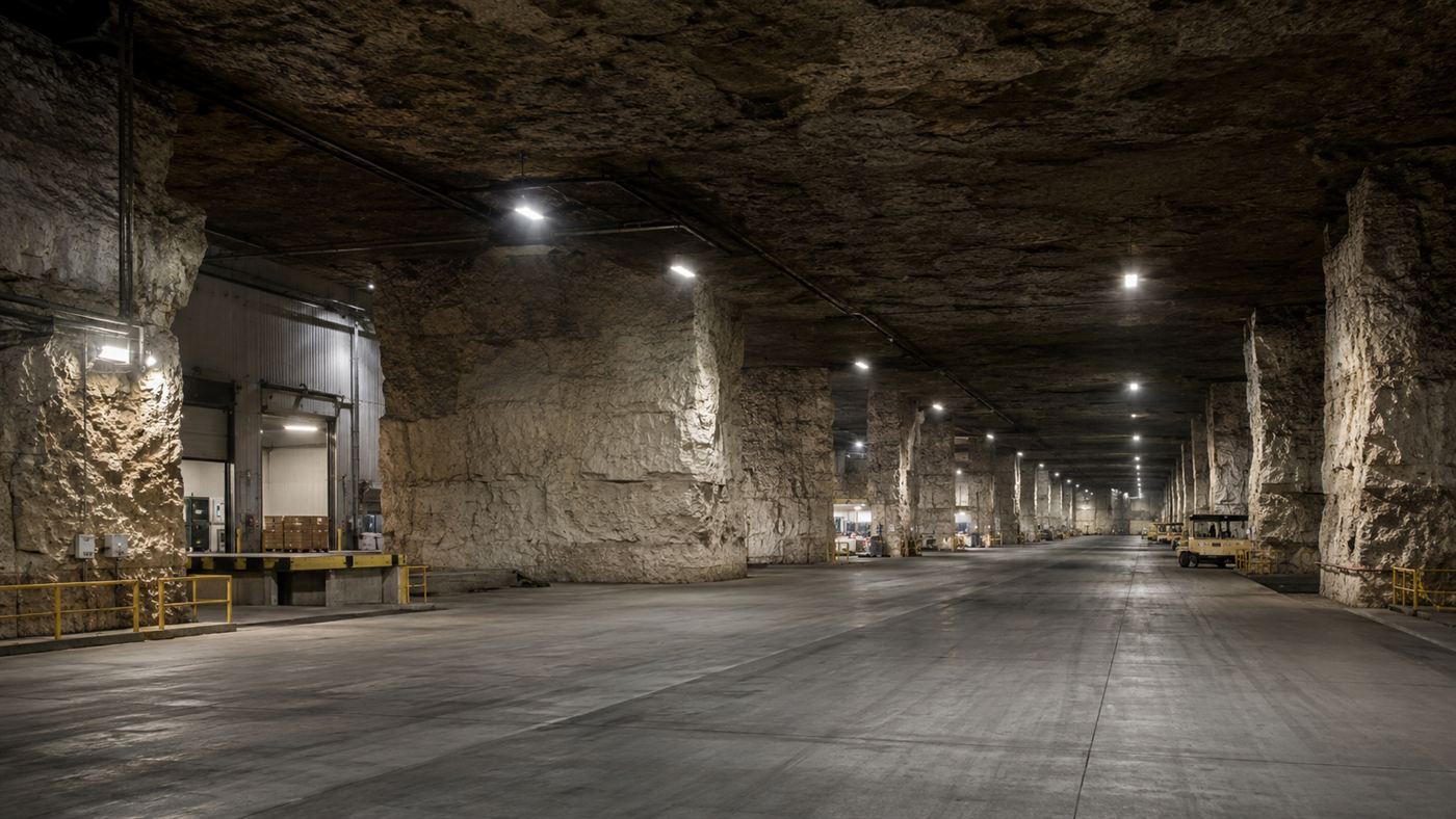 Inside SubTropolis, a vast underground complex of paved roads between huge square limestone pillars