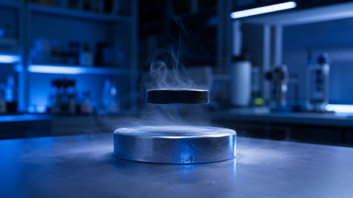 A real superconductor disc floating steadily above a magnet with white cold vapor rising, the Meissner effect that LK-99 lacked
