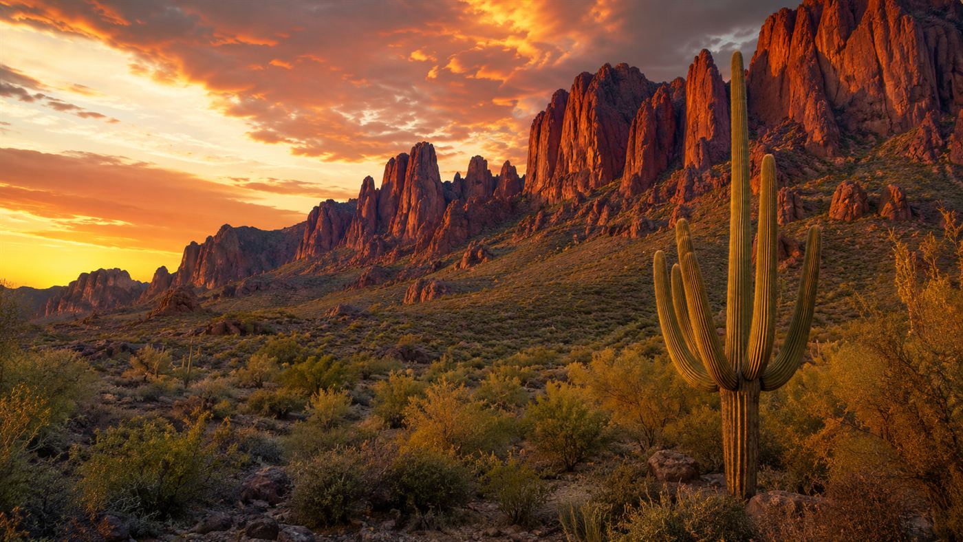 The rugged volcanic Superstition Mountains east of Phoenix Arizona at golden dusk with jagged red peaks and saguaro cactus, setting for the Lost Dutchman legend