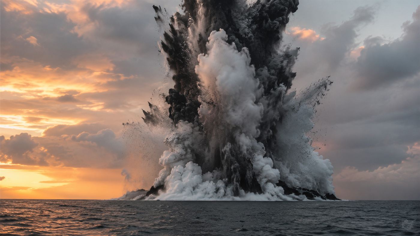 A volcanic eruption bursting through the ocean surface with a towering column of black ash and white steam, the birth of a volcanic island