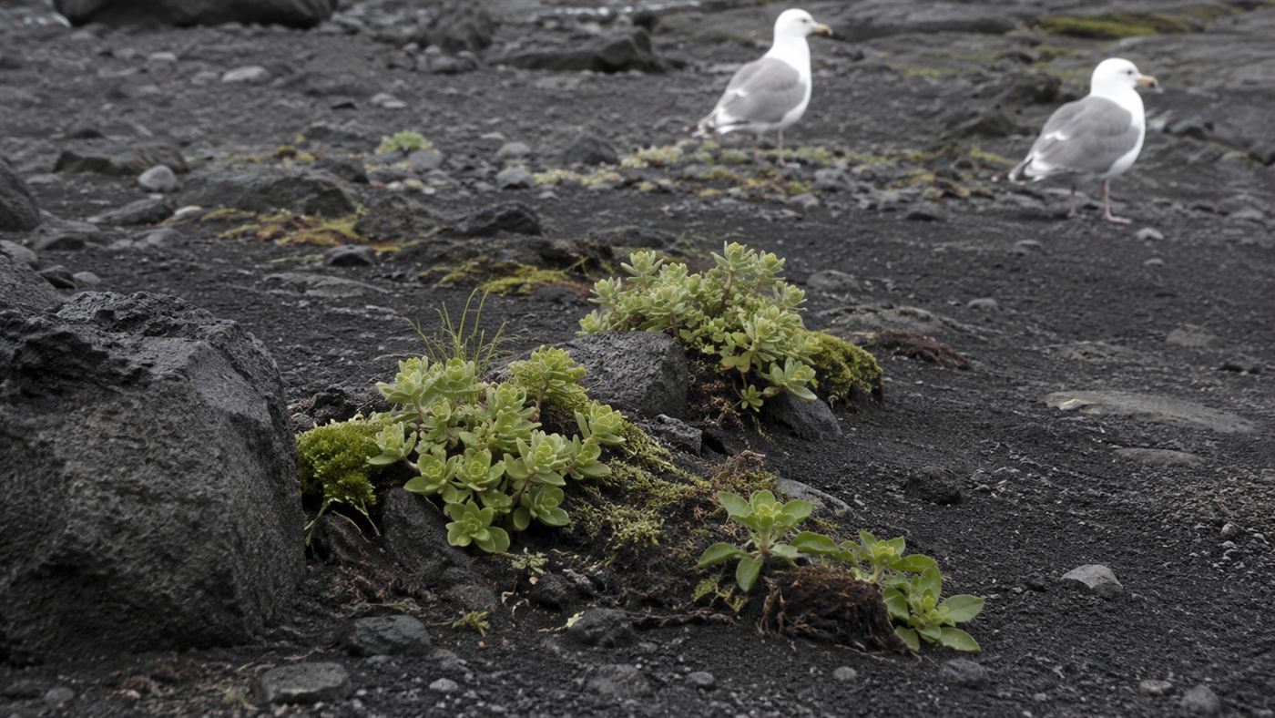 A few hardy green plants and mosses taking root in black volcanic sand with seabirds nearby, early ecological succession