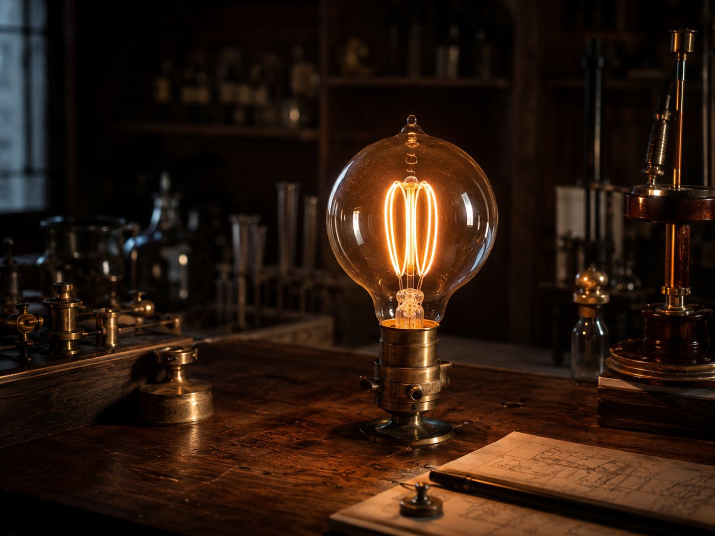 An early carbon-filament incandescent bulb glowing on a Victorian bench, the kind of lamp Joseph Swan demonstrated in 1879