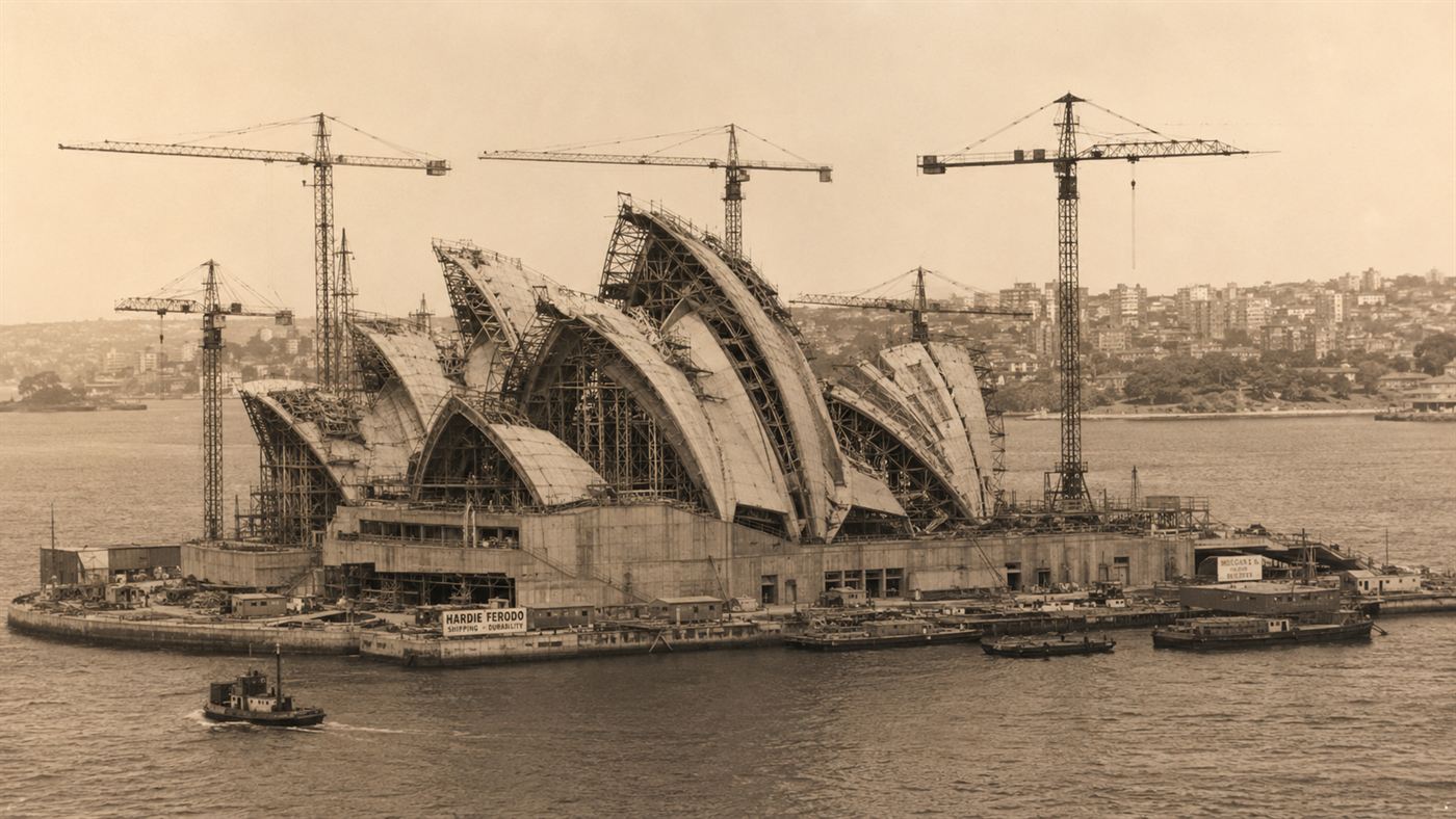 The Sydney Opera House under construction in the 1960s, the concrete shell ribs rising amid tall cranes on the harbour point