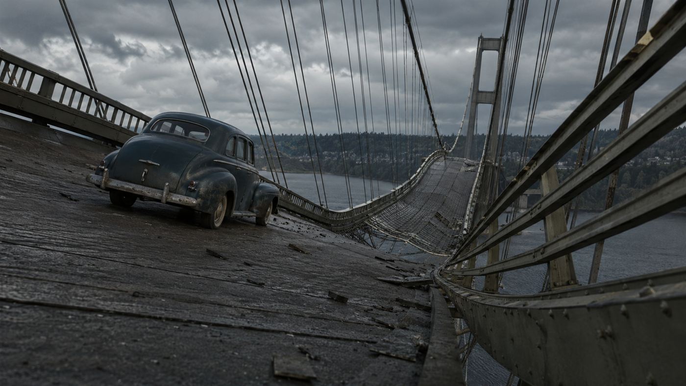 Leonard Coatsworth's abandoned car on the violently twisting deck of the Tacoma Narrows Bridge moments before the bridge collapse