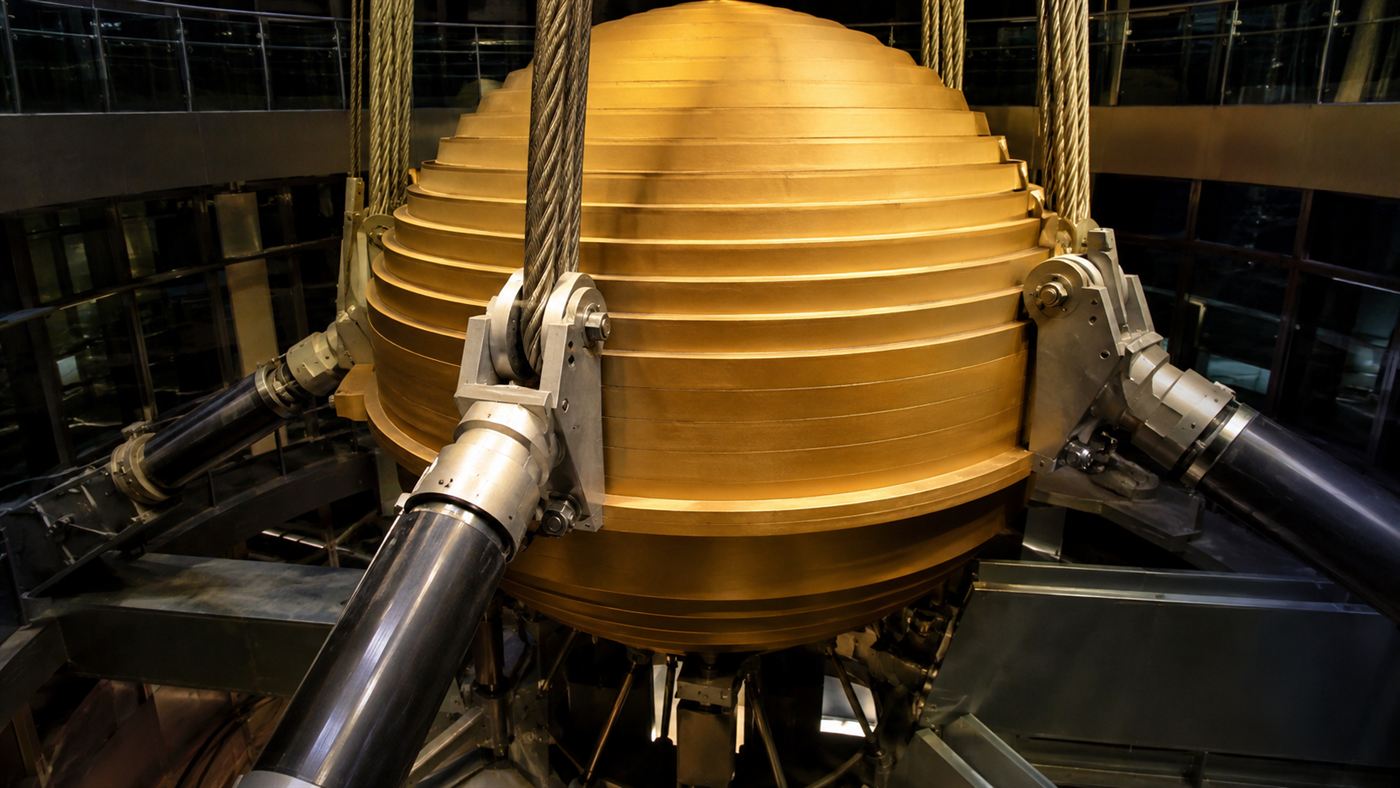 Close-up of the thick steel cables and hydraulic pistons holding the Taipei 101 damper ball