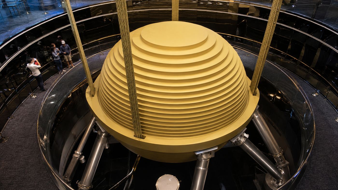The giant golden tuned mass damper sphere hanging on steel cables inside the upper floors of Taipei 101