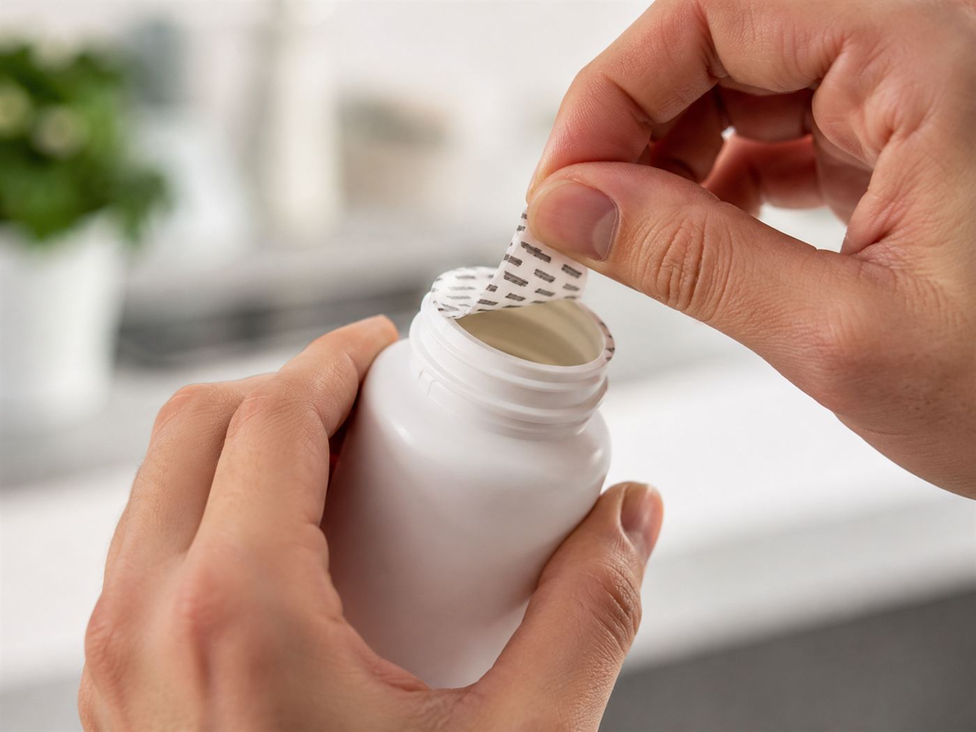 Close-up of hands peeling back a printed foil tamper-evident seal over the opening of a modern medicine bottle in bright light