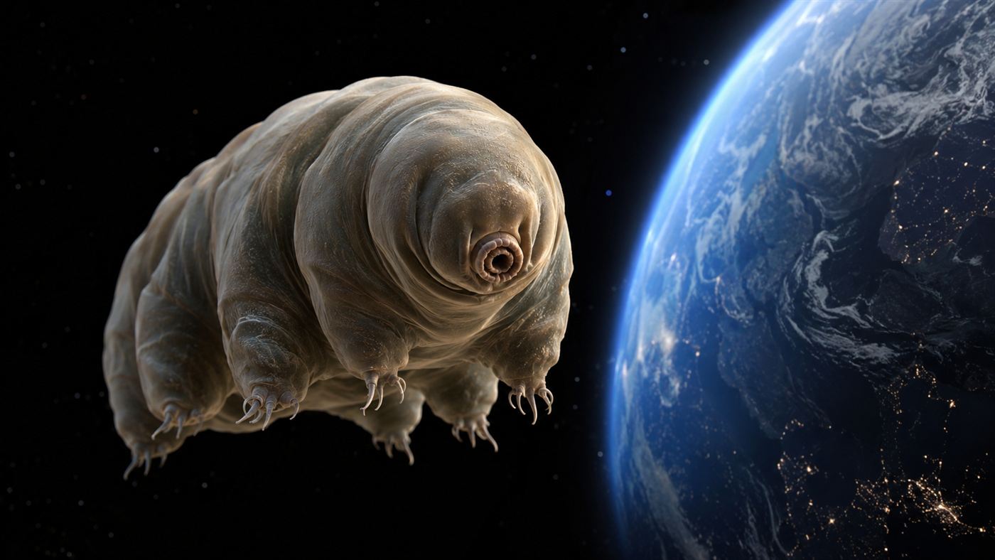 A microscopic tardigrade water bear floating against the black vacuum of space with Earth glowing behind it