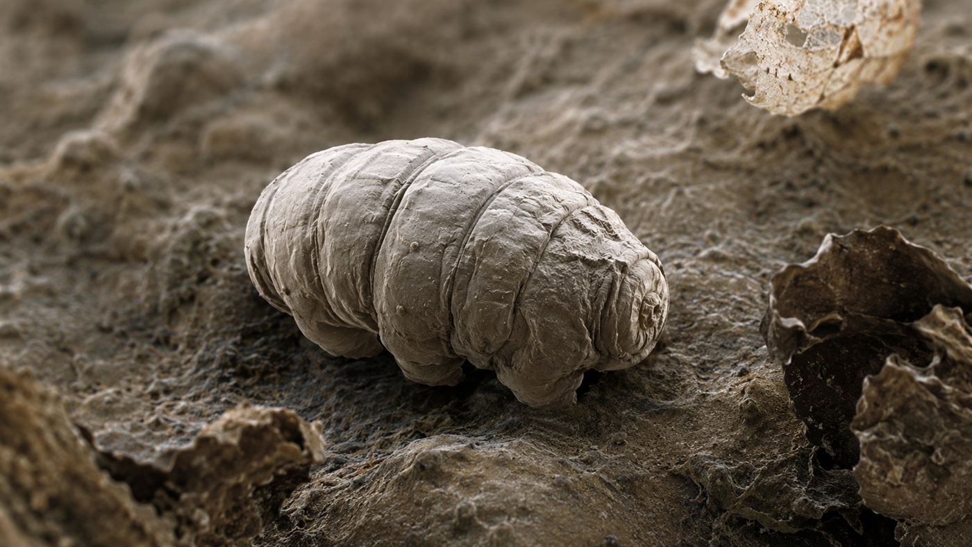A microscopic tardigrade curled into a dry dormant tun, a shrivelled barrel shape, in cryptobiosis