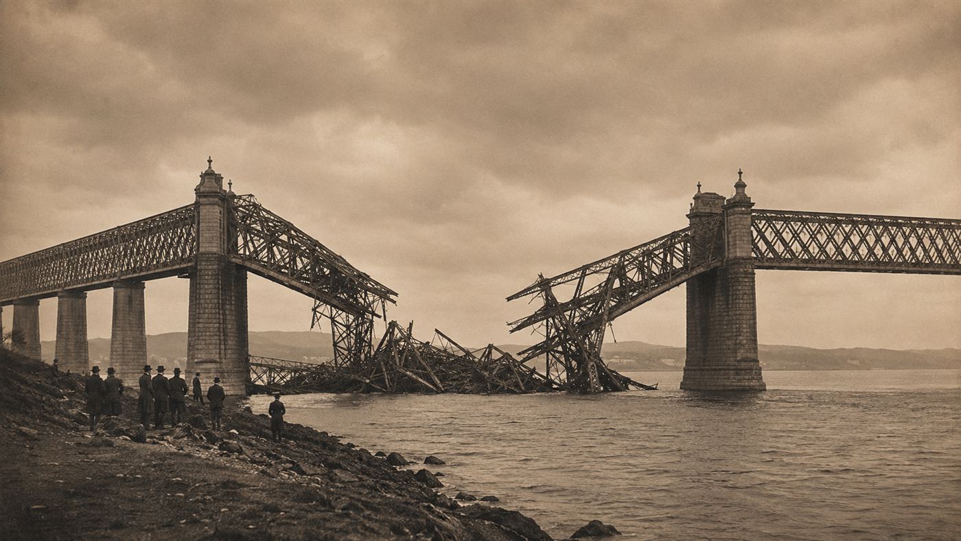 The collapsed iron span of the first Tay Bridge after the 1879 Tay Bridge disaster, with a gap over the stormy firth