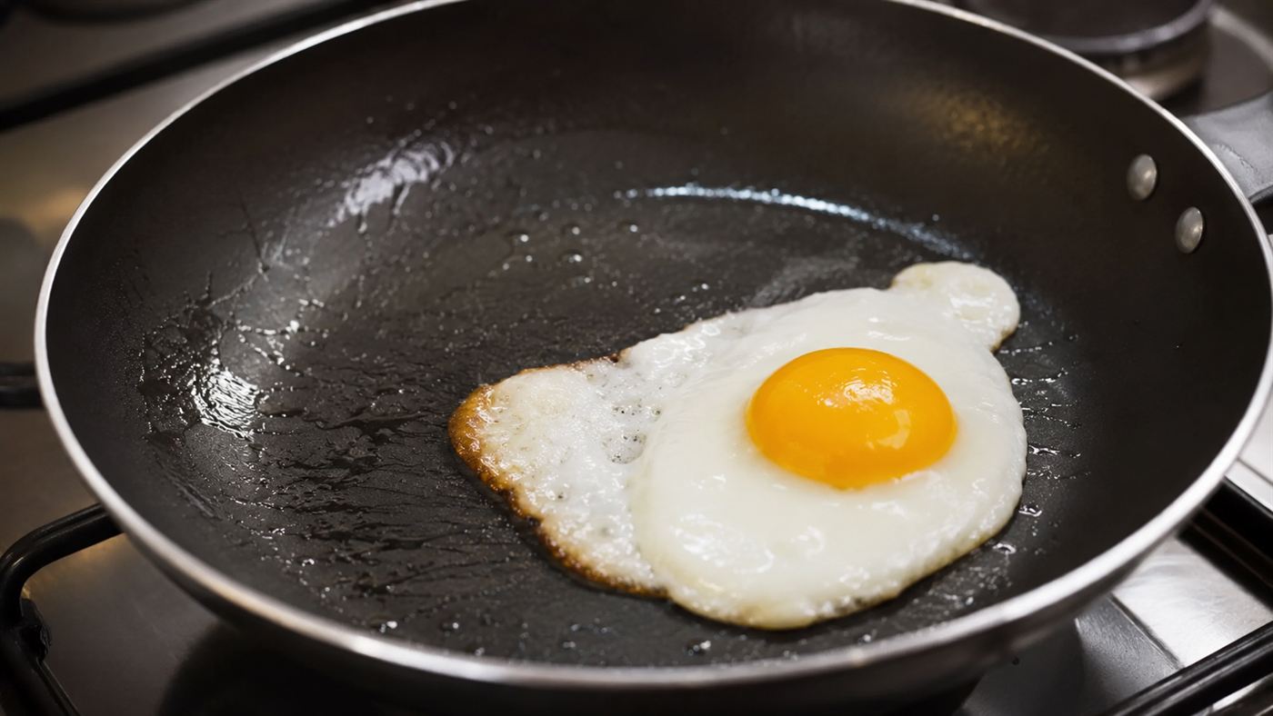 A black nonstick Teflon-coated frying pan with an egg sliding across its slick surface