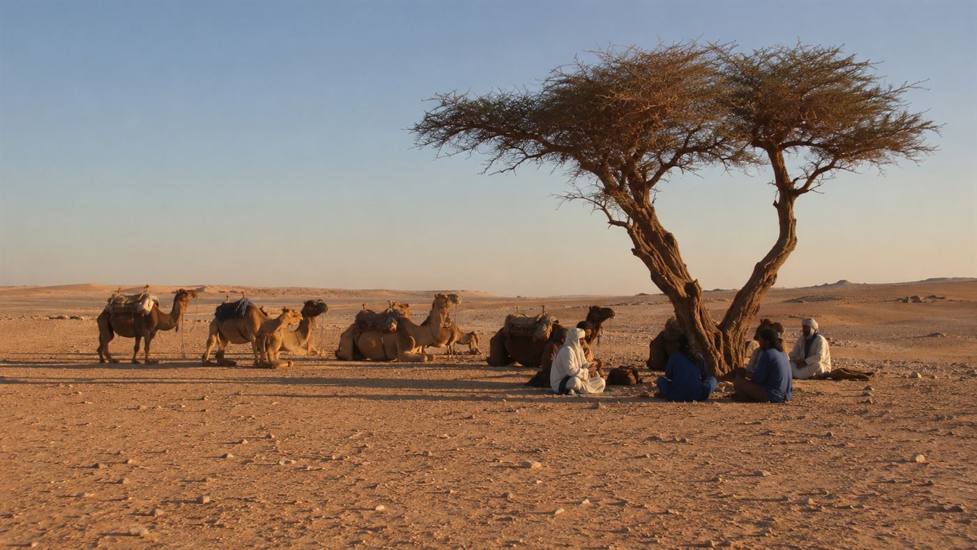 A camel caravan resting beside the lone acacia Tree of Tenere as a landmark in the Sahara Desert