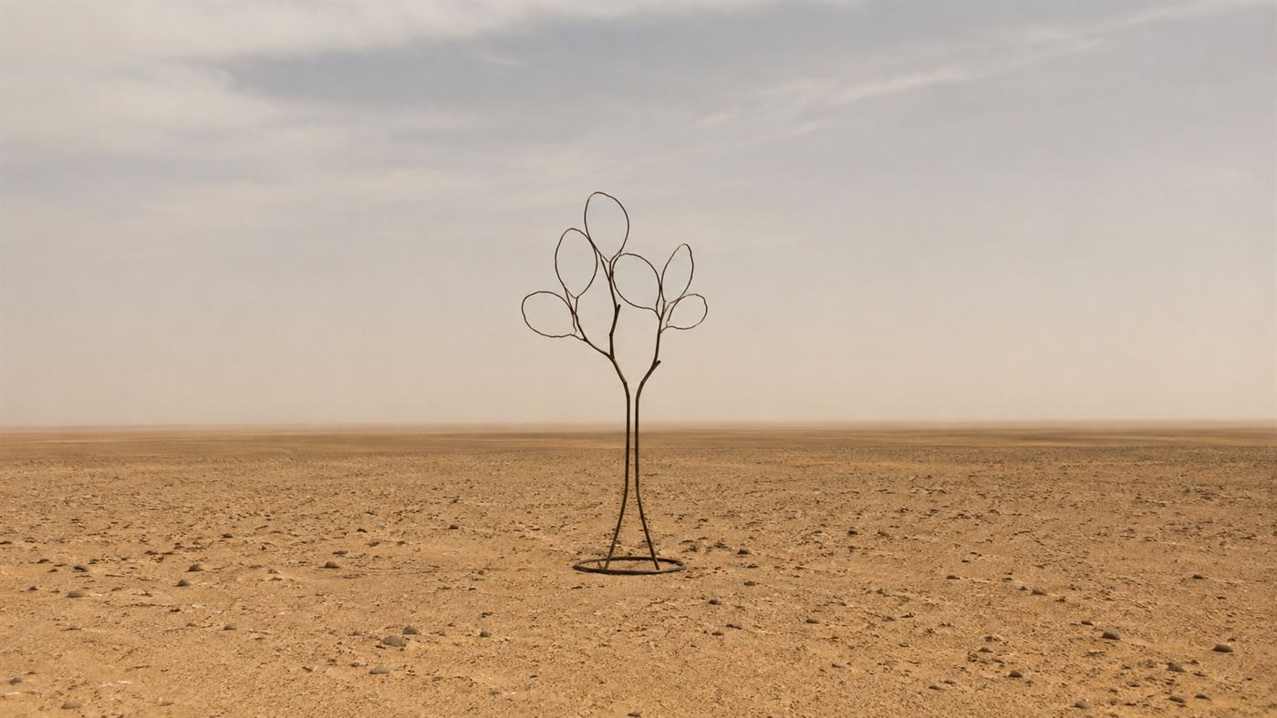 A simple metal sculpture marking the former site of the Tree of Tenere in the empty Sahara Desert