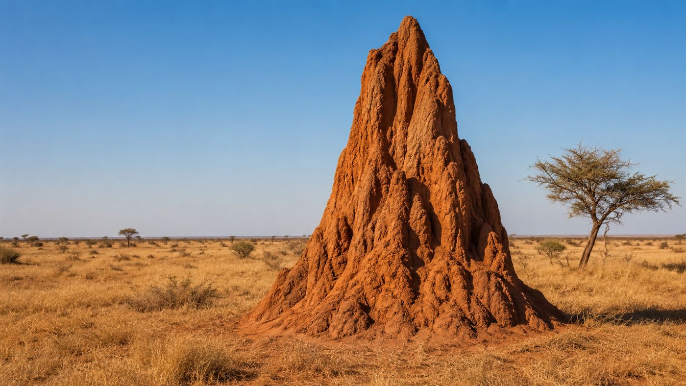 A tall termite mound on the African savanna, the inspiration for the building's cooling