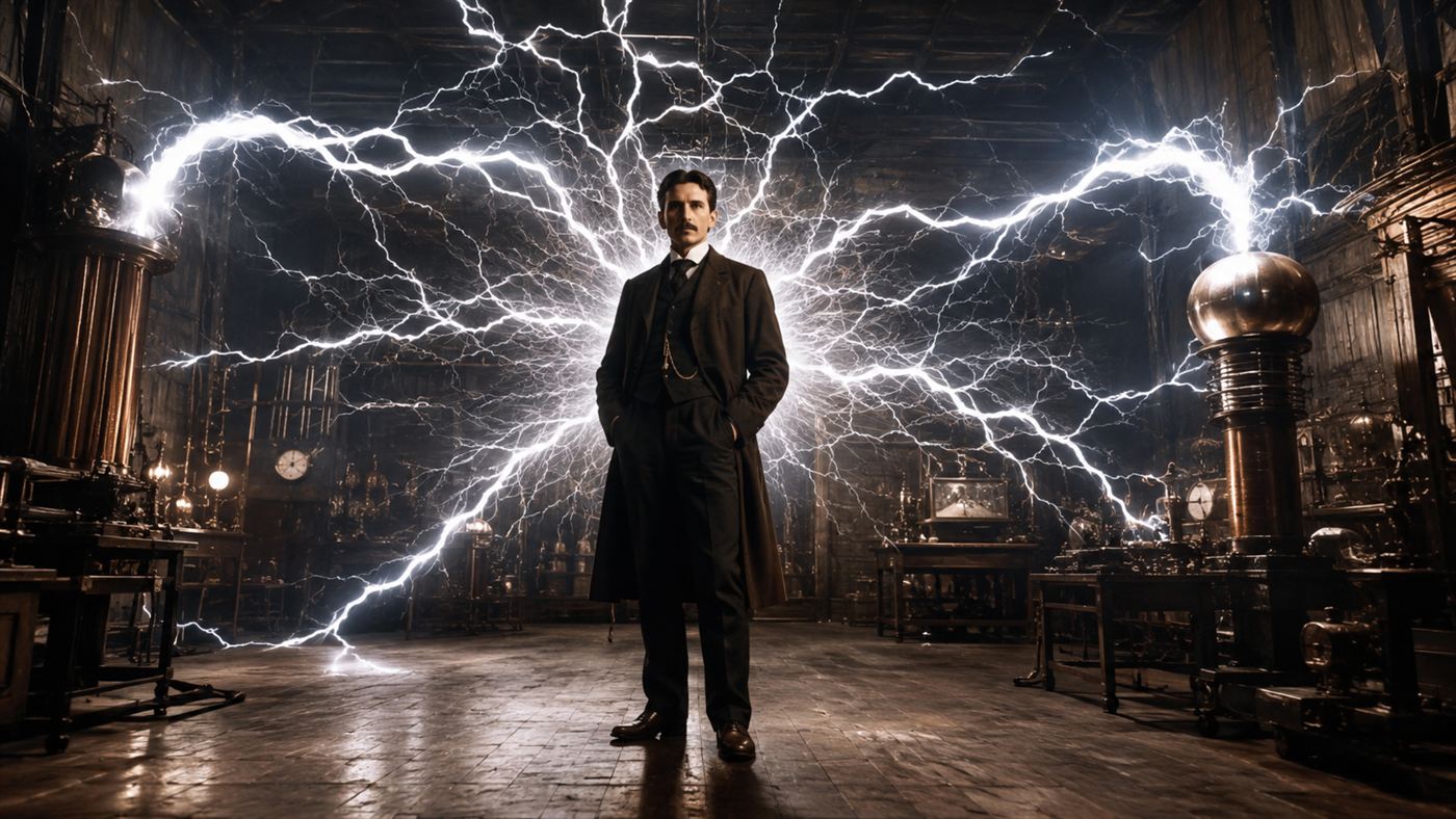 An inventor standing calmly among huge crackling electrical arcs in an early-1900s laboratory, evoking Nikola Tesla