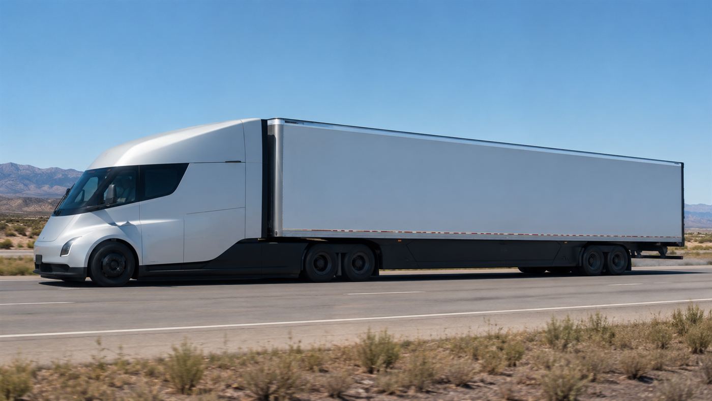 A sleek aerodynamic electric semi truck hauling a trailer along an open American highway