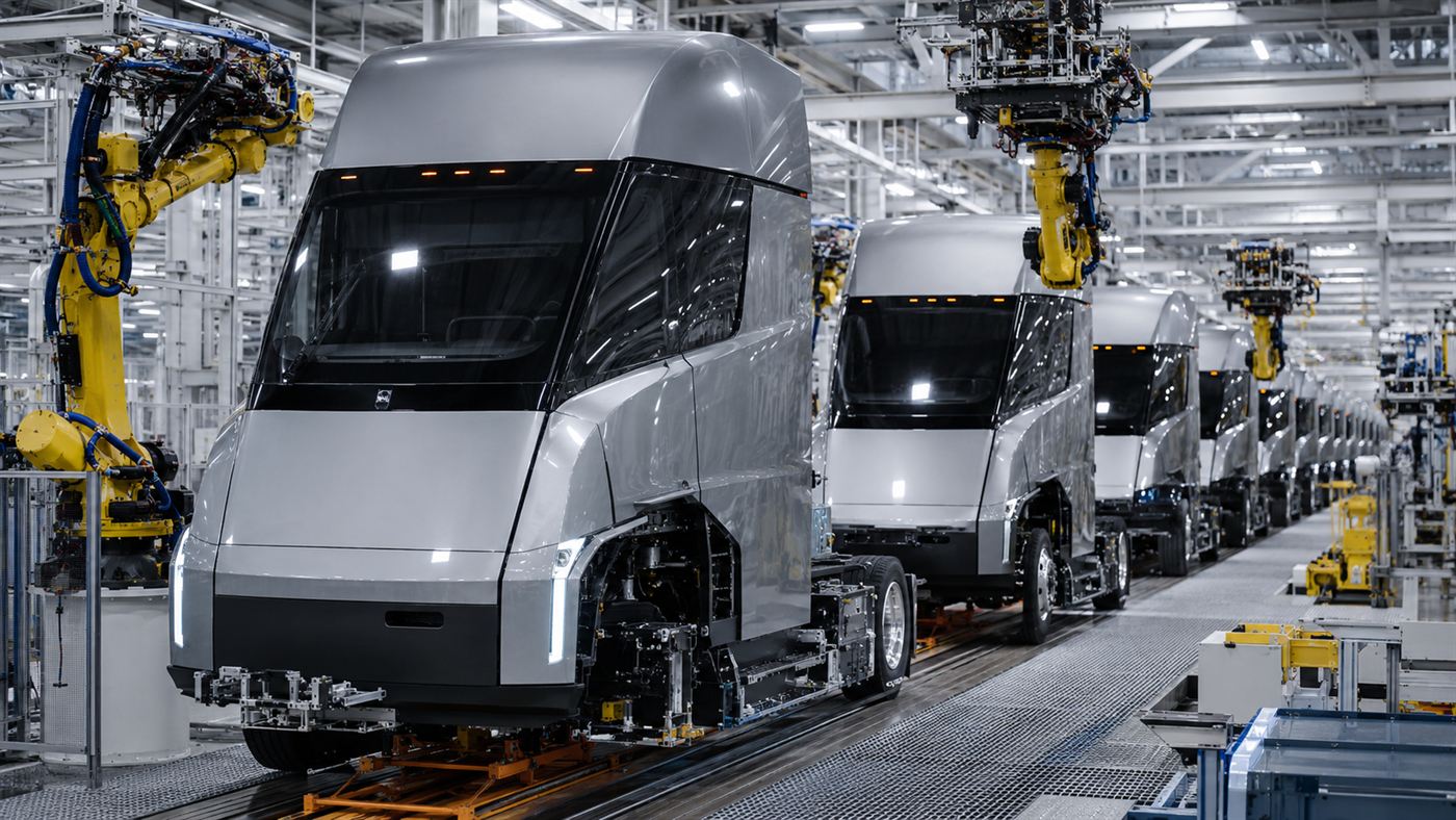 Electric semi trucks being assembled on a modern high-volume factory production line with robotic equipment