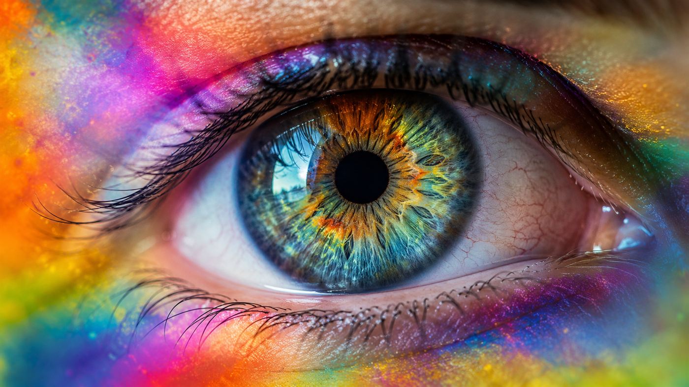 A macro photograph of a human eye surrounded by a soft explosion of vivid rainbow colours, evoking tetrachromacy