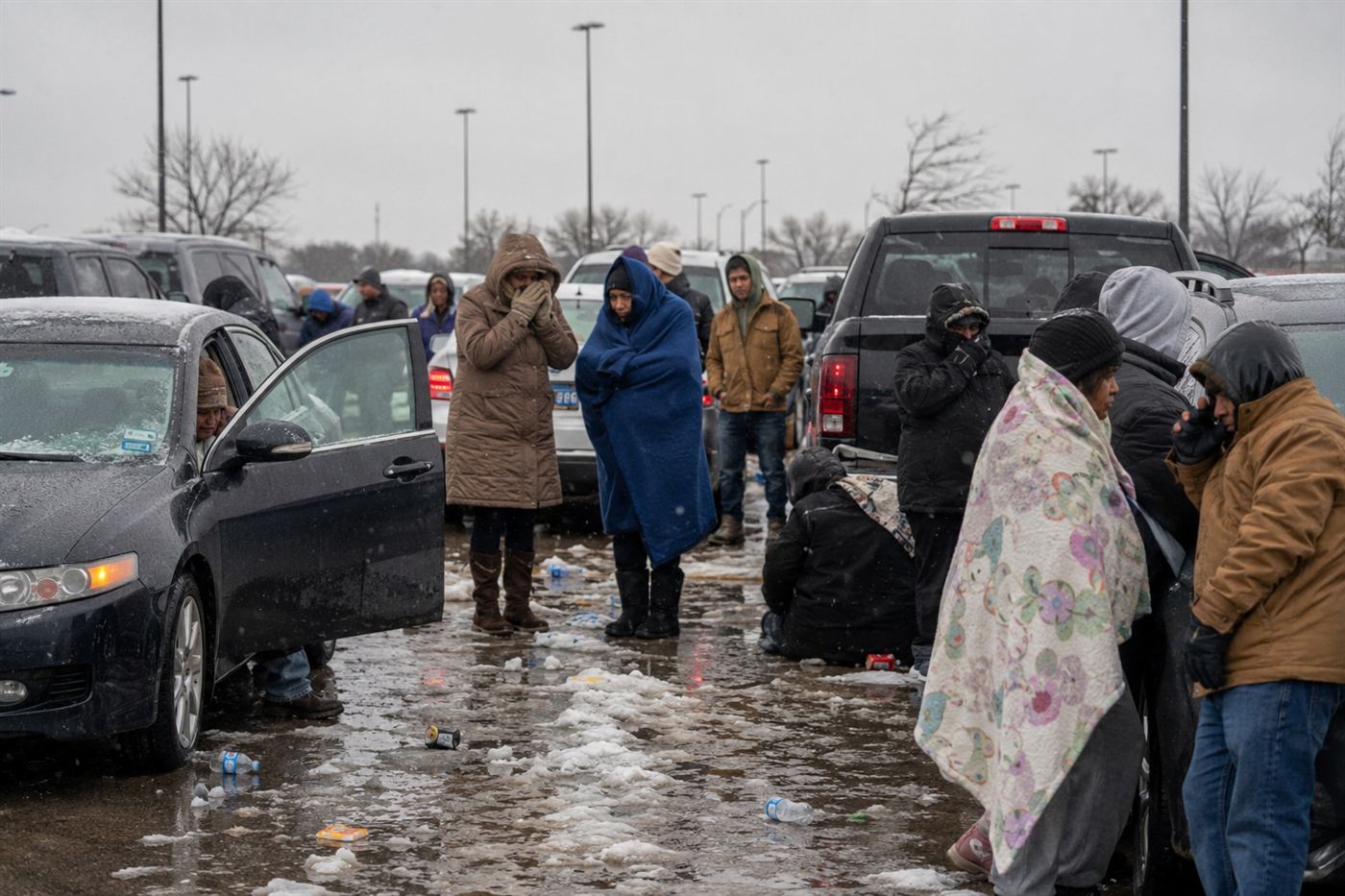 Texas residents wrapped in blankets sheltering inside cars in a grocery store parking lot for warmth during the Winter Storm Uri Texas power grid failure in February 2021
