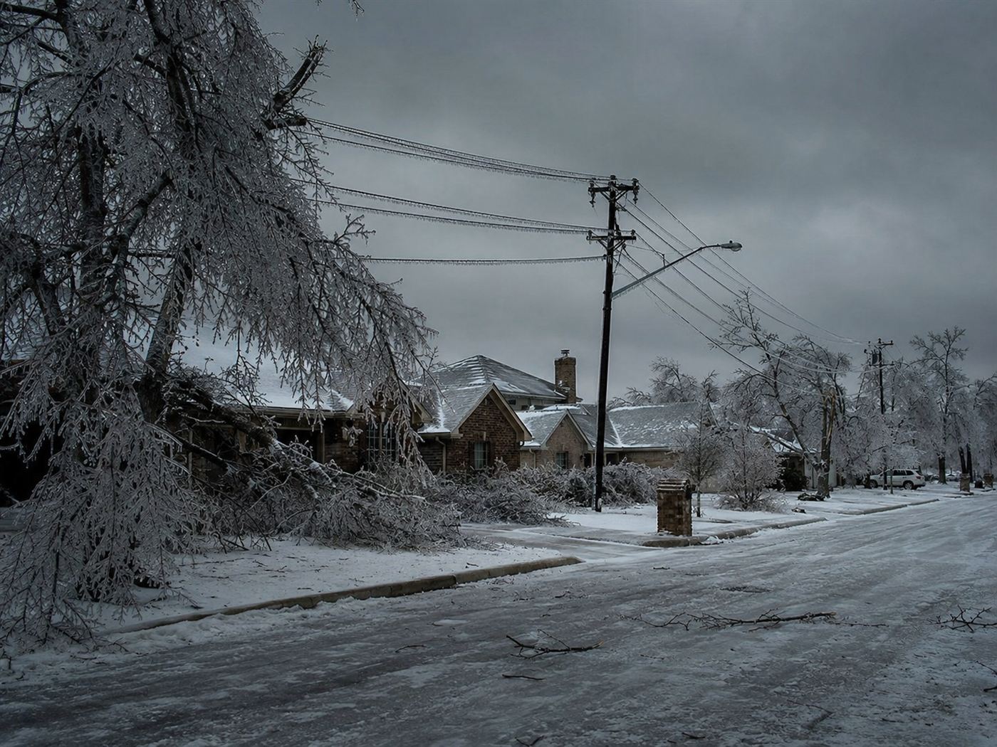Frozen streets and iced-over homes in Texas during Winter Storm Uri in February 2021, the Texas power grid failure leaving millions without electricity in deadly sub-zero temperatures