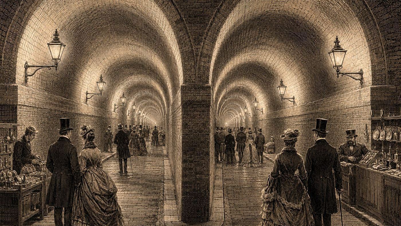 The twin brick arches of the Thames Tunnel lit by gas lamps with Victorian visitors walking through, Brunel's tunnel under the river