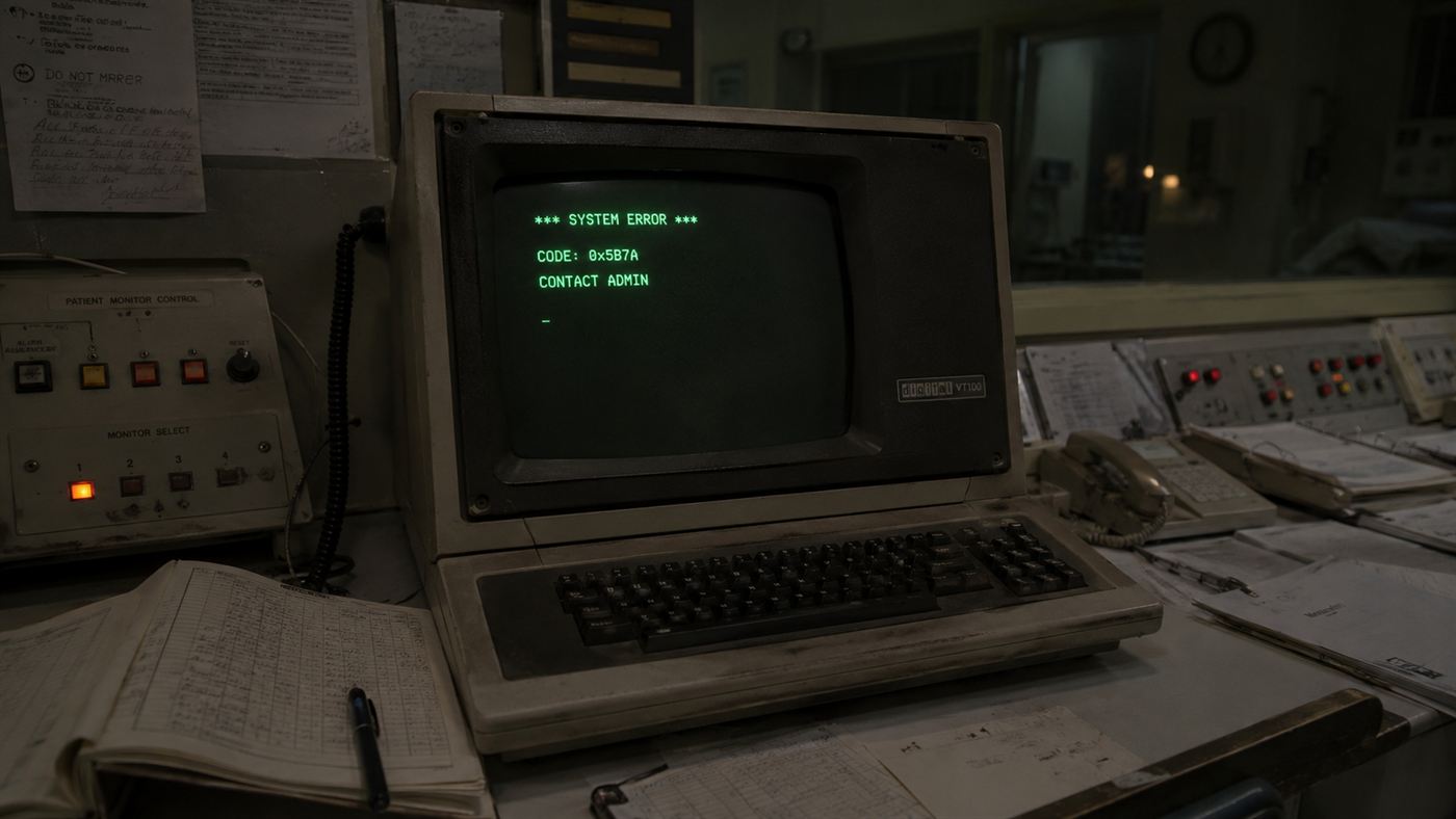 A 1980s computer terminal with a glowing green-text screen showing a short cryptic error message in a dim hospital control room