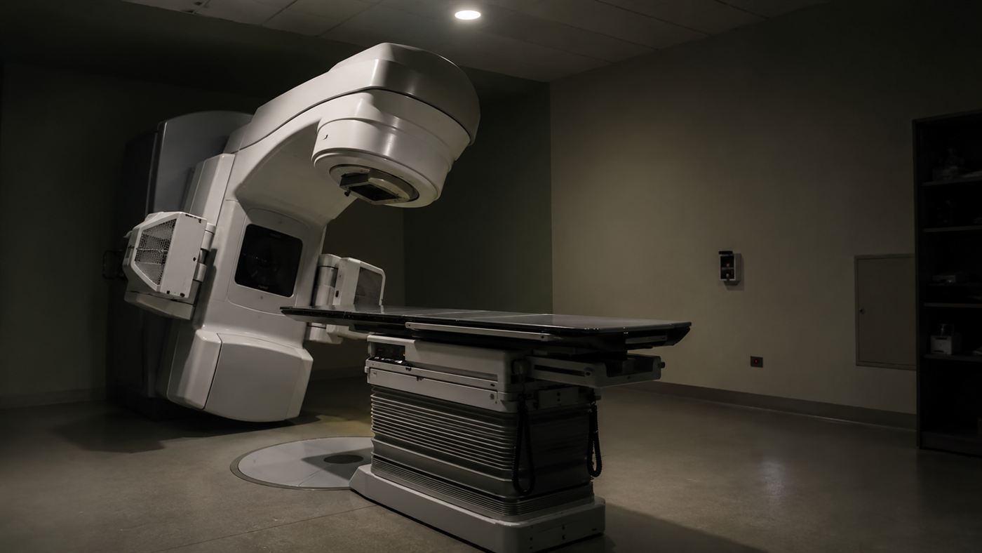 An empty radiotherapy treatment couch under the beam head of a large medical accelerator in a bare hospital room