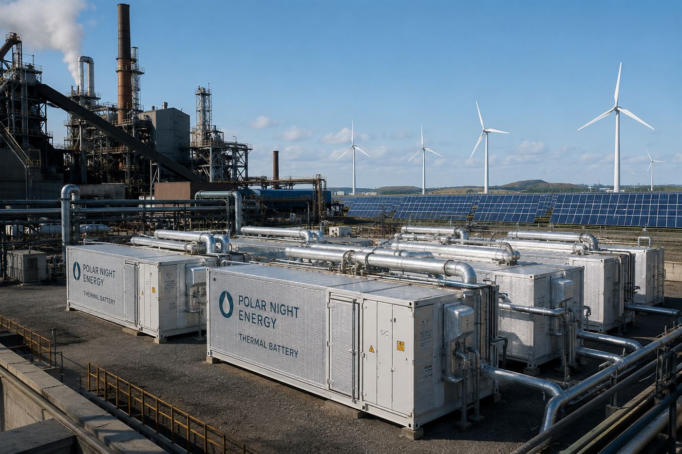 Large insulated thermal battery units installed beside an industrial plant, with solar panels and wind turbines nearby