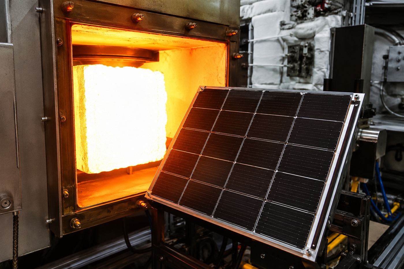 Thermophotovoltaic cells facing a glowing white-hot carbon block through an open shutter, converting its light into electricity