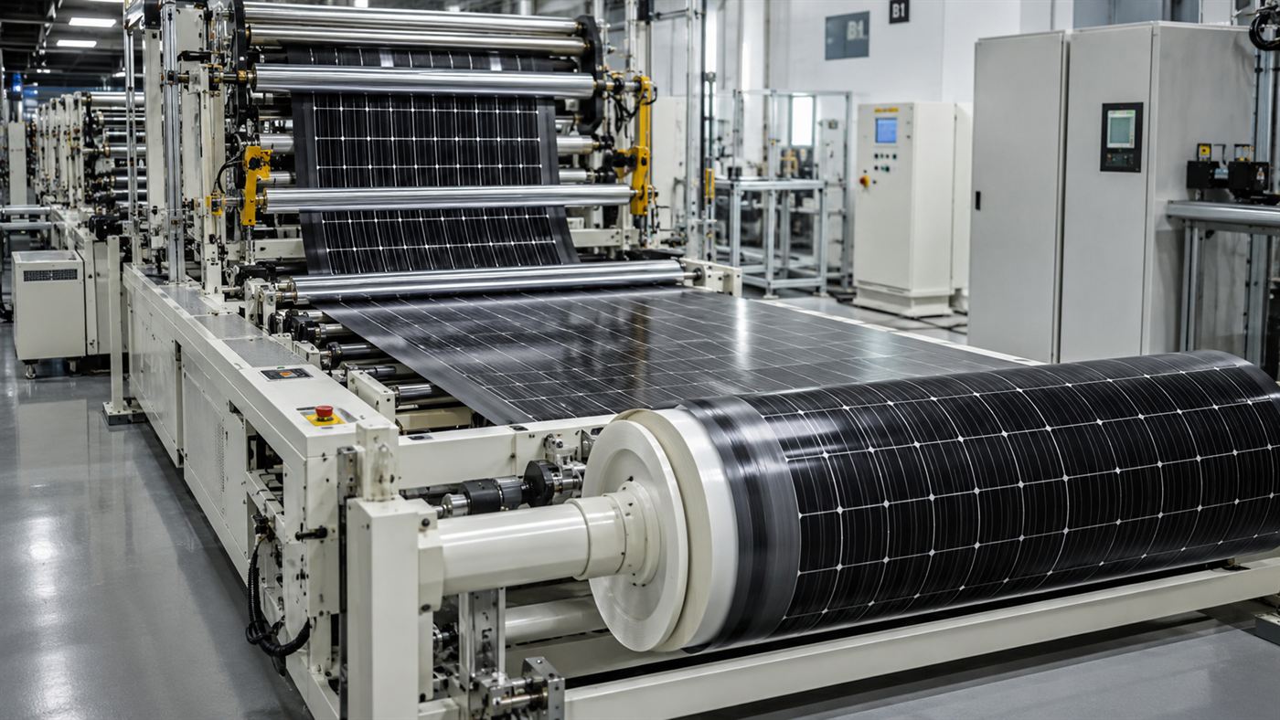 A factory machine producing long rolls of flexible dark thin-film solar panels like sheets of newspaper
