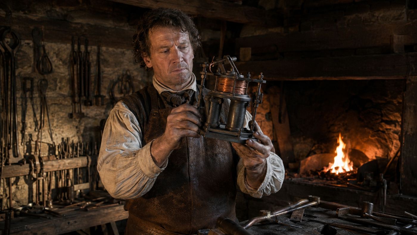 Thomas Davenport, a Vermont blacksmith, at his forge studying an early hand-built electric motor of coiled wire and magnets