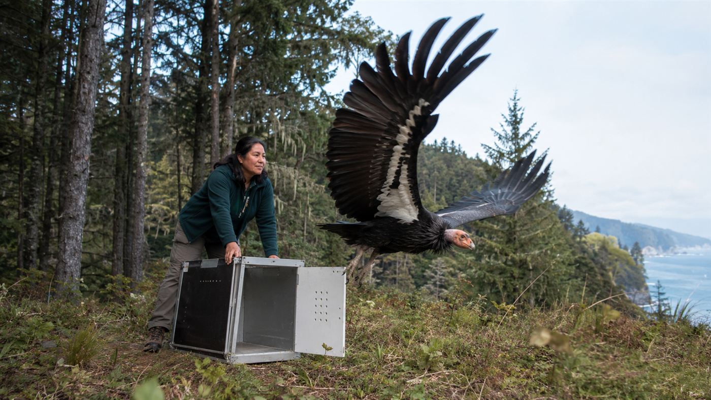 A Yurok tribal wildlife biologist releasing a California condor from a transport box in a Northern California coastal forest clearing, the bird's wings spreading open as it launches