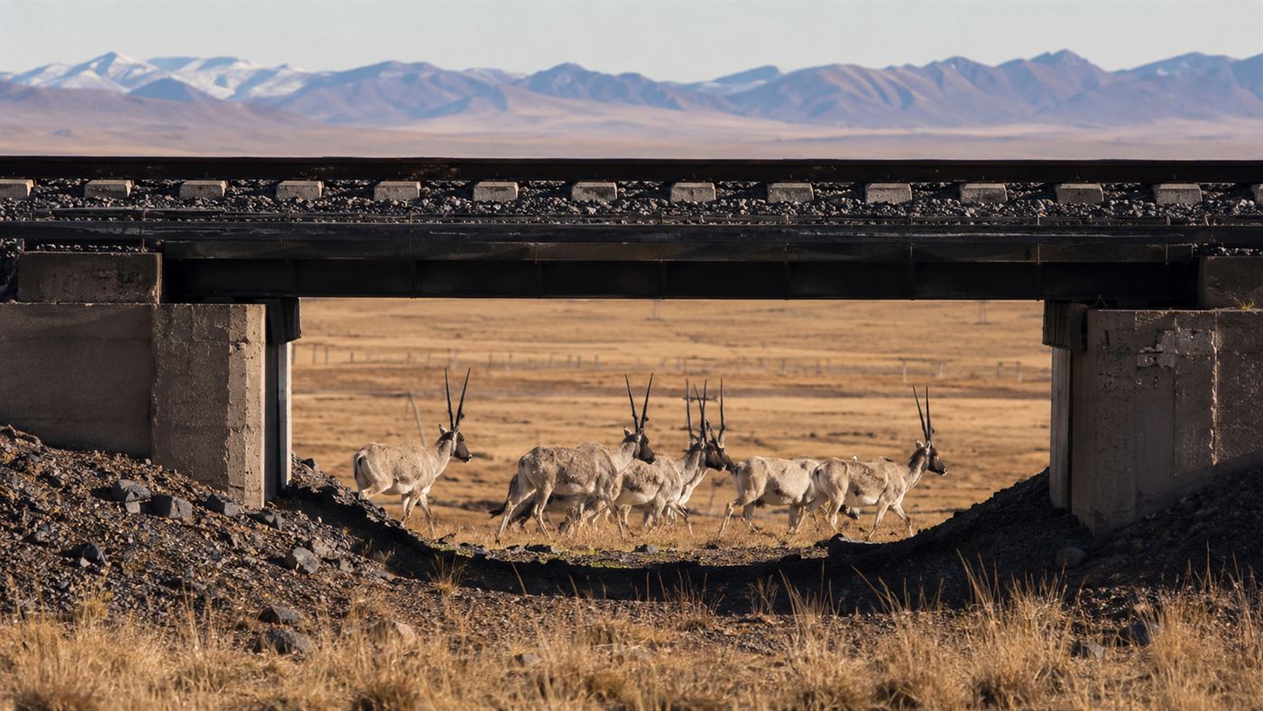 Tibetan antelope crossing under a raised section of railway track on the open high plateau
