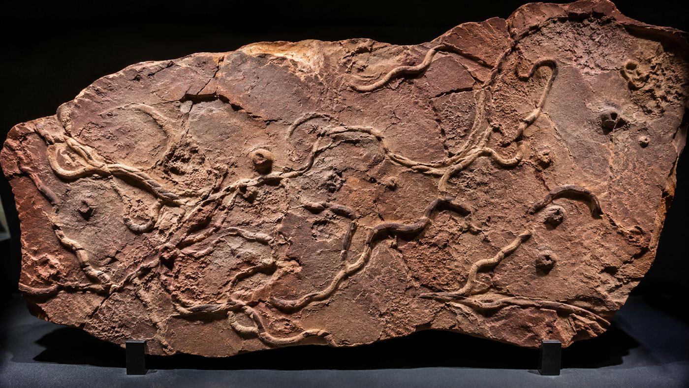 Fossilised trails and burrows preserved as ridges on an ancient slab of seabed rock