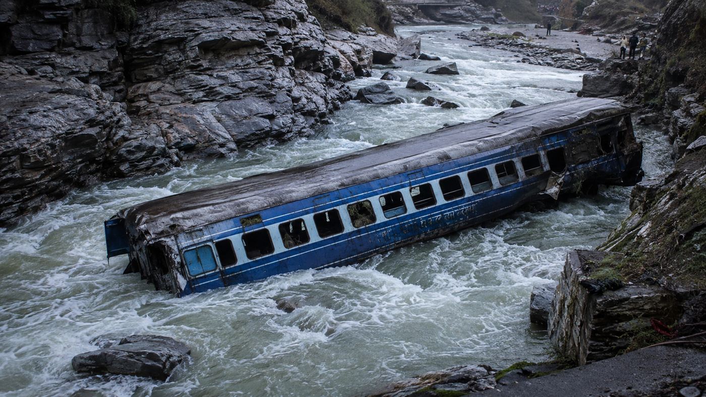 A derailed passenger train half-submerged in a cold river gorge, evoking one of Frane Selak's escapes