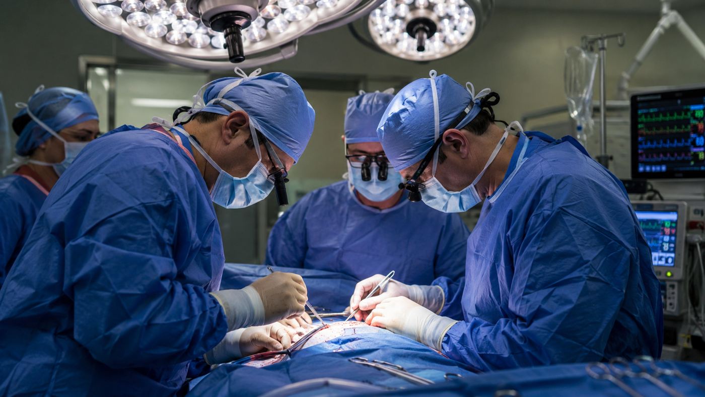 A team of surgeons in blue scrubs performing an organ transplant in a bright operating room, xenotransplantation in progress