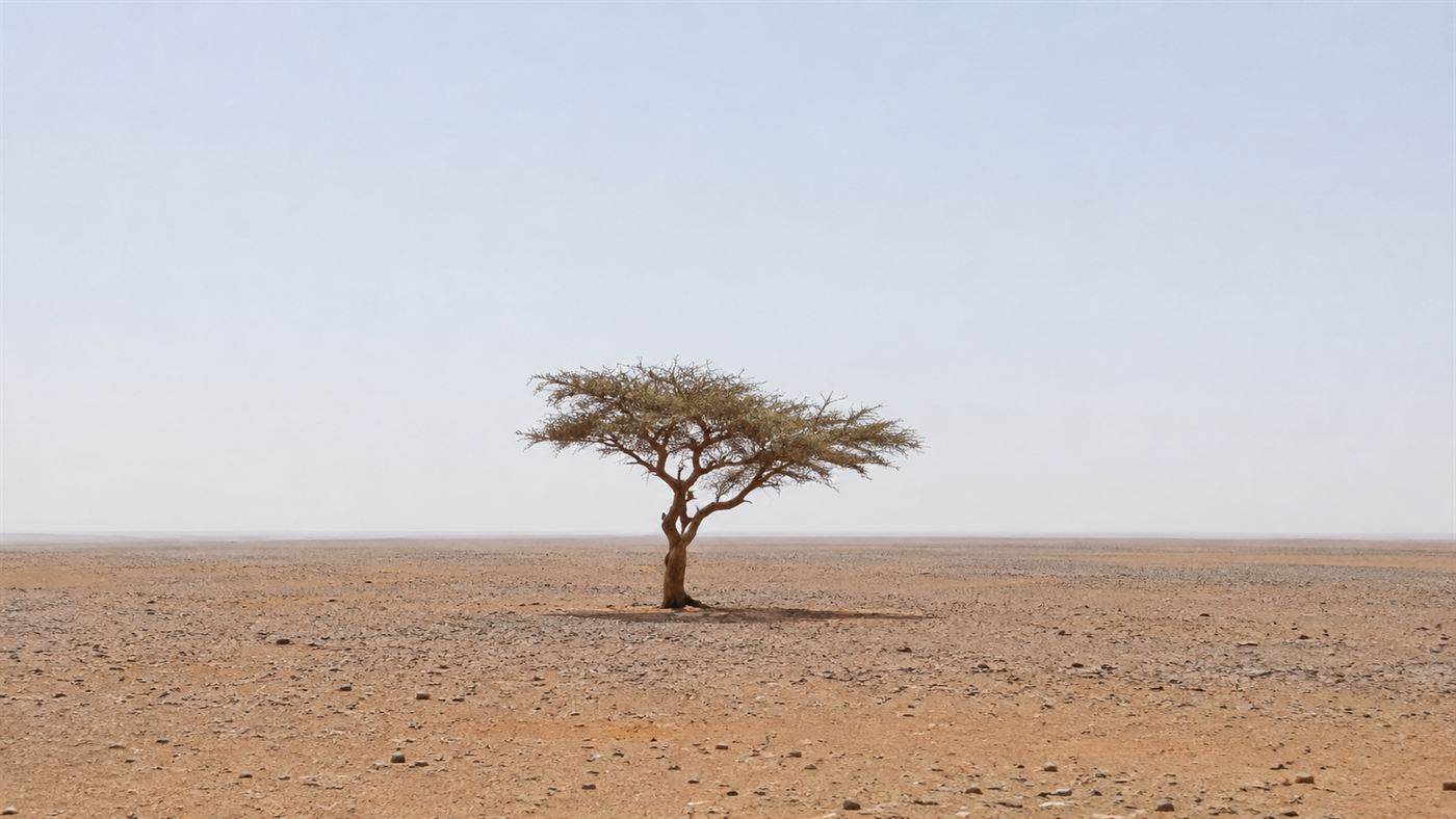 The Tree of Tenere, a lone acacia standing in an empty expanse of Sahara desert sand under a vast sky