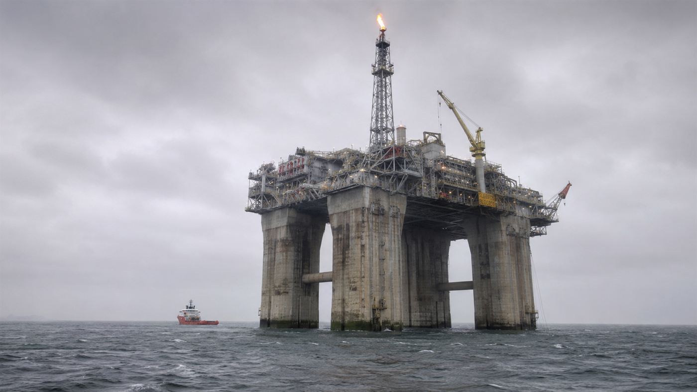The towering Troll A platform standing in the North Sea with a tiny supply boat beside it for scale