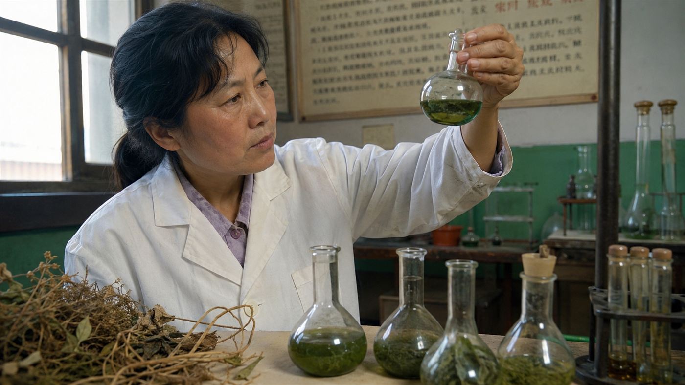 A Chinese woman scientist in a 1970s laboratory studying plant extracts, evoking Tu Youyou's malaria research